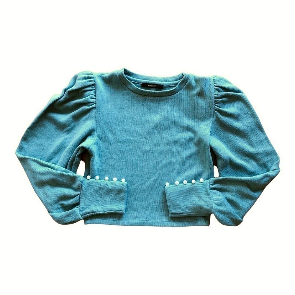 Cropped Sweater Puffed Balloon Long Sleeve Preppy Pearl Cuff Pullover in Sage‎ S